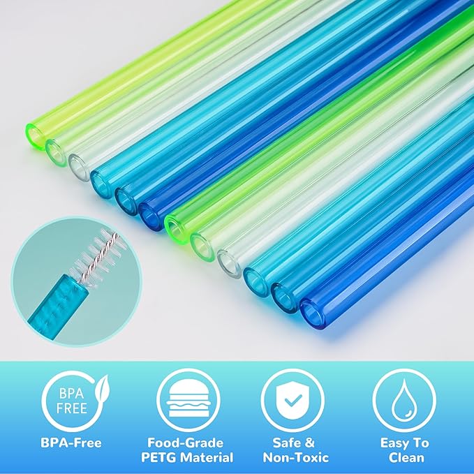 NiHome 12-Pack Plastic Reusable Drinking Straws for Stanley 40 oz 30oz 64 oz Tumbler, 6 Color 12 In Reusable Straws Fit for Stanley Cups w/ 2 Brushes, BPA-Free for Cold & Hot Beverages (Gradient Blue)