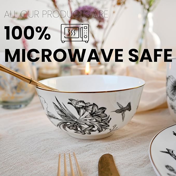 Botanic Plates and Bowls Sets Dishes Set for 4, Ceramic Plates and Bowls Set, Service for 4, Bone China Dinnerware Set Salad Dessert Plates, and Cereal Bowls Set, Microwave safe by KOKEN