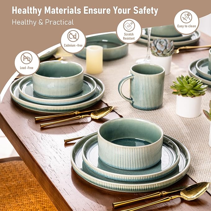GBHOME Stoneware Dinnerware Sets for 4,Round Reactive Glaze Ceramic Plates and Bowls Set,Highly Scratch Resistant | Dishwasher & Microwave Safe Dishes Set,Service for 4(12Pcs),Malachite Green