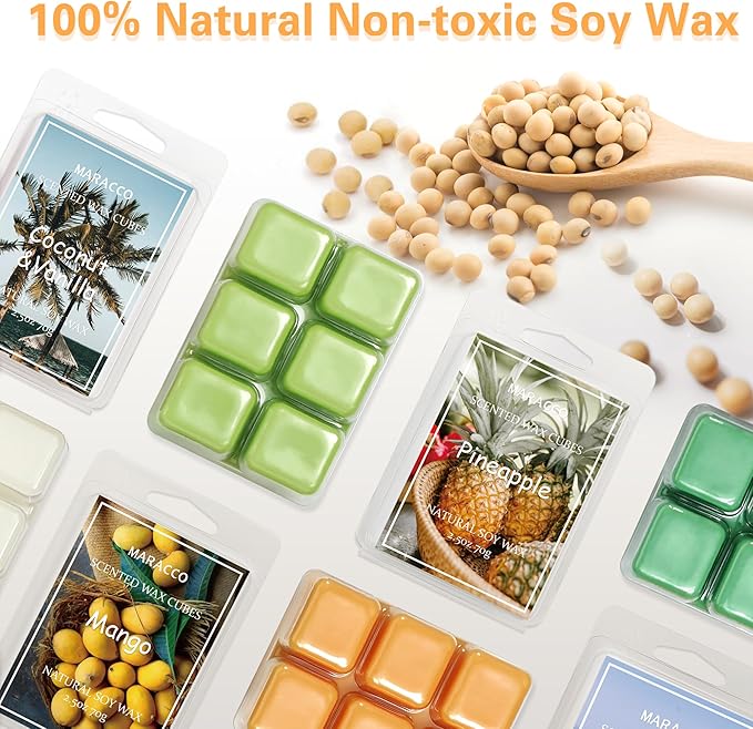 Maracco Spring & Summer Fruit Scented Wax Melts, Soy Wax Cubes for Wax Warmer, Scentsy Wax Melts, Coconut Vanilla, Pineapple, Lemon, Lavender, Mango, Mint, 6x2.5 oz