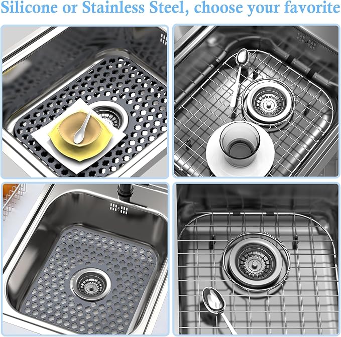 Silicone Sink Protector for Kitchen Bathroom Sink, 2 Pack 13.58"x 11.6" Heat-resistant Mat, Non-Slip and Durable Silicone Protectors, Center Drain (Gray)