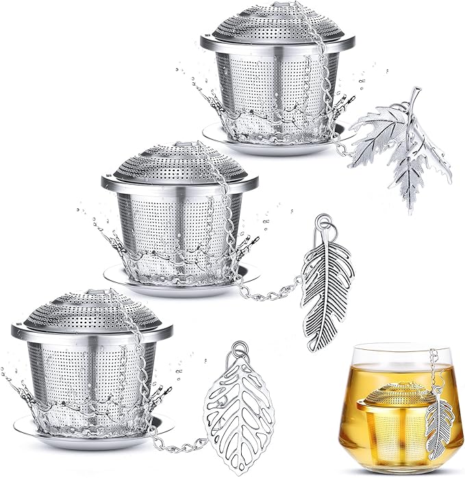 3 Sets Tea Infusers Steeper for Loose Leaf Tea Holder Stainless Steel Tea Ball Mesh Strainer Filters with Drip Trays and Pendant(Forest Style)