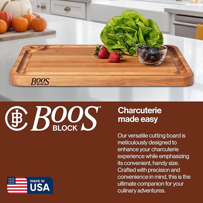 John Boos Prestige Series Rectangular Wooden Maple Cutting Board 22”x16” – 1.25” Thick, 13-lb Reversible Butcher Block with Juice Groove, Edge-Grain & Finger Grip Hole – Made in the USA