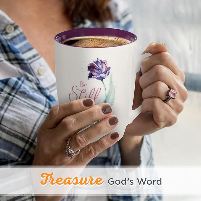 Christian Art Gifts Encouraging Scripture Ceramic Coffee & Tea Mug for Women: Be Still & Know Inspirational Psalm Bible Verse, Microwave & Dishwasher Safe, Novelty Cup, White & Purple Floral, 12 oz.