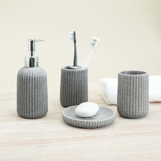 4-Piece Bathroom Accessory Set - Modern Resin & Sandstone Collection - Includes Soap Dispenser 8.5oz, Toothbrush Holder, Tumbler, Soap Dish (Grey)