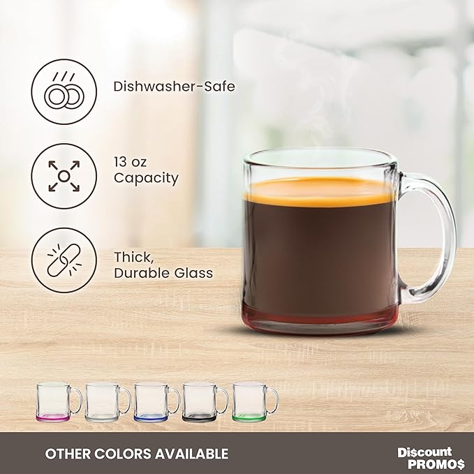 Libbey Clear Glass Coffee Mugs 13 oz. Set of 10, Bulk Pack - Perfect for Coffee, Tea, Espresso, Hot Cocoa, Other Beverages - Red Bottom