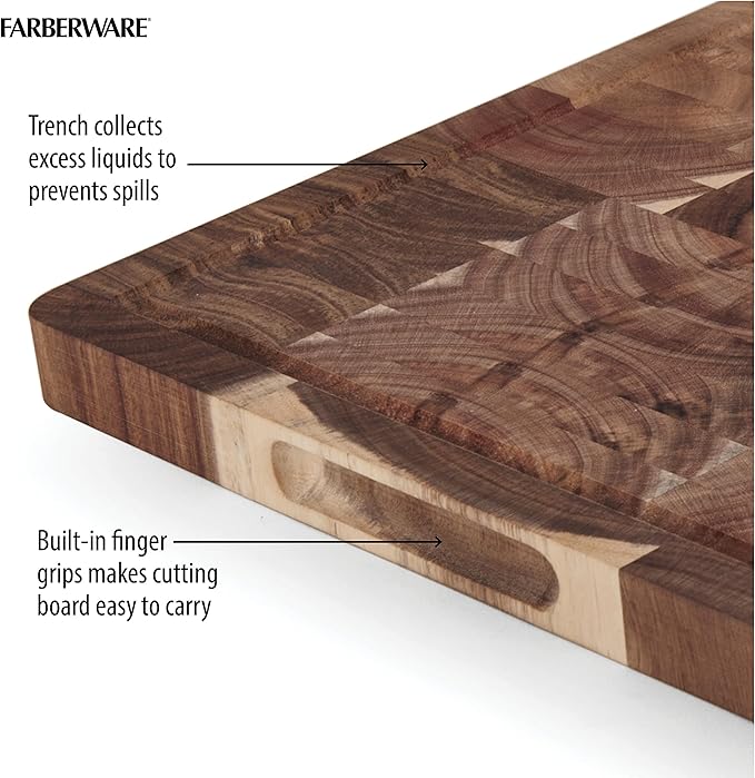 Farberware Thick End Grain Acacia Cutting Board with Juice Groove and Finger Grips, 12x18 Inch