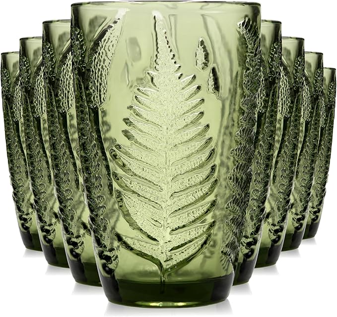 Green Drinking Glasses Set of 8 – 12 oz Hand-Blown Vintage Glass Cups, Boho Aesthetic Colored Glassware with Antique Charm, Textured Highball Water Tumblers, Unique Retro Drinkware Gift for Home