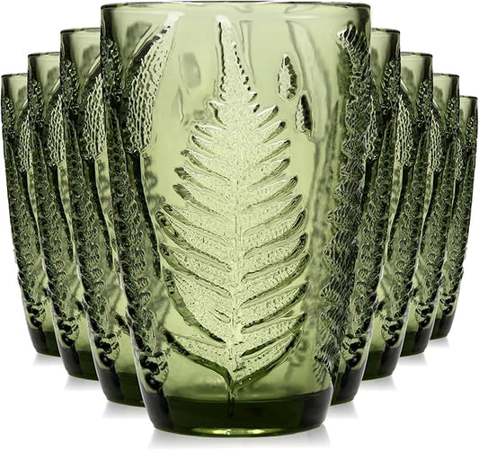 Green Drinking Glasses Set of 8 – 12 oz Hand-Blown Vintage Glass Cups, Boho Aesthetic Colored Glassware with Antique Charm, Textured Highball Water Tumblers, Unique Retro Drinkware Gift for Home