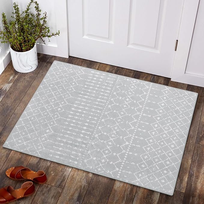 Lahome Moroccan Rugs for Entryway 2x3 Small Non-Slip Kitchen Rug Throw Lightweight Area Rugs for Bedroom Gray Vintage Print Distressed Bath Mat Floor Indoor Doormat Carpet for Laundry Living Room