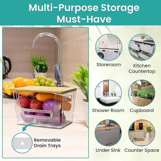 2 Set Pantry Organizers, Storage,Bamboo Lids with Removable Drain Trays, Stackable Clear Bins for Potato, Onion, Vegetables, Fruit, Trash Bag Dispenser, Under Sink Organizer for 4-13 Gal Bags