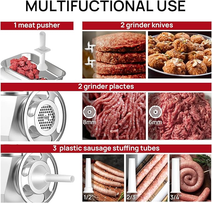 Commercial Meat Grinder #32, 2.0HP Heavy Duty Industrial Stainless Steel Meat Mincer, Sausage Stuffer with 2 Blades, 2 Plates & 3 Sausage Tubes, Meat Grinder Machine for Deer Processing,Pet Food