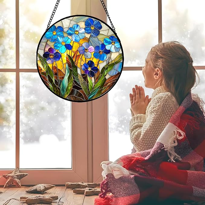 Stained Glass Window Hanging - Blue Wildflower Plant Flowers Sun Catcher for Door Garden Home Decor Suncatcher Christmas Mother's Day Birthday Gifts for Women Men Mom Nana 9.8 in