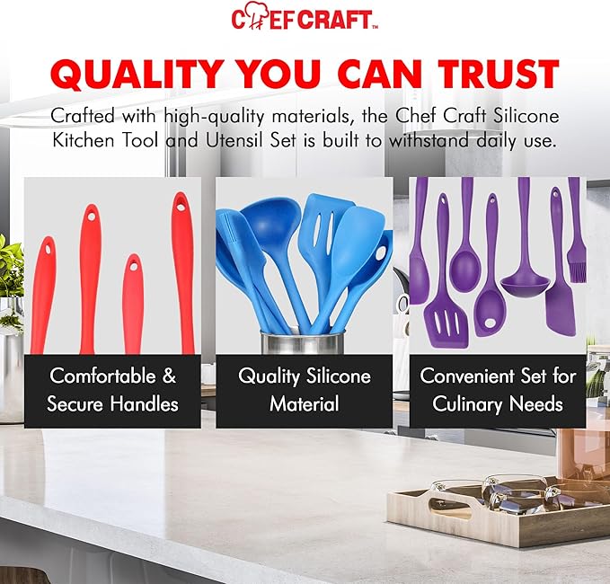 Chef Craft - Premium Silicone Kitchen Tools and Utensils Set, Non-Scratch, Withstands Temperatures up to 450°F, BPA-Free, 7 Piece Cooking Utensils Set, Gray