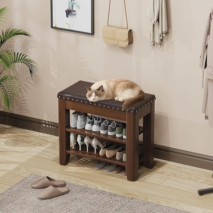 Shoe Bench for Entryway, Solid Rubberwood Shoe Bench with Hidden Storage, Adjustable 2-Tier Shelves & Soft PU Leather Seat, Shoe Rack Durable Easy Assembly for Hallway or Bedroom - Brown, 23.6"