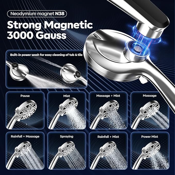 Shower Head with filtered Handheld High Pressure daul Shower Heads with Handheld Spray Combo and 10 Sprays Handheld Shower Head Detachable Shower head Built-in Magnetic Docking and Power Jets