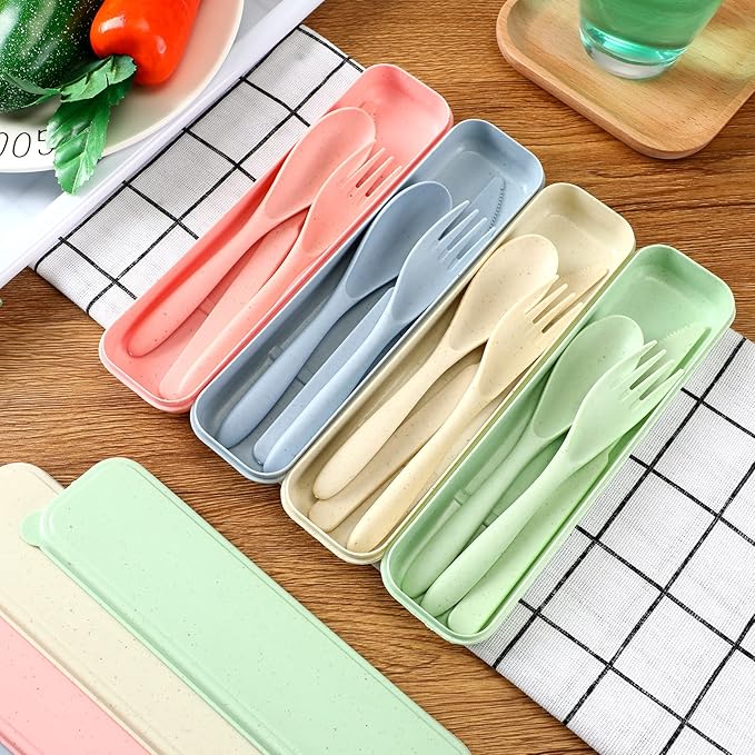 Jinei 50 Sets Reusable Travel Utensils Set with Case Wheat Straw Cutlery Portable Spoon Knife Forks Lunch Box Accessories Friendly Tableware for Kids Adults Camping Utensils(Bright)