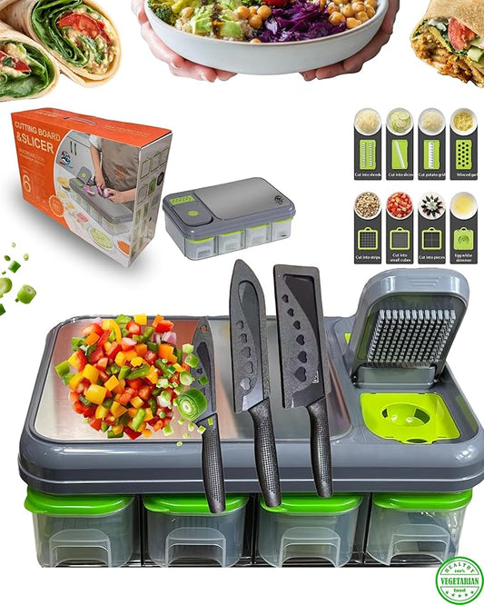 “28PCS Ultimate Vegetable Chopper Set – Multifunctional Food Processor with Large Container, Sharp Stainless Steel Blades & Hand Guard for Quick, Safe, Effortless Slicing, Dicing & Grating”