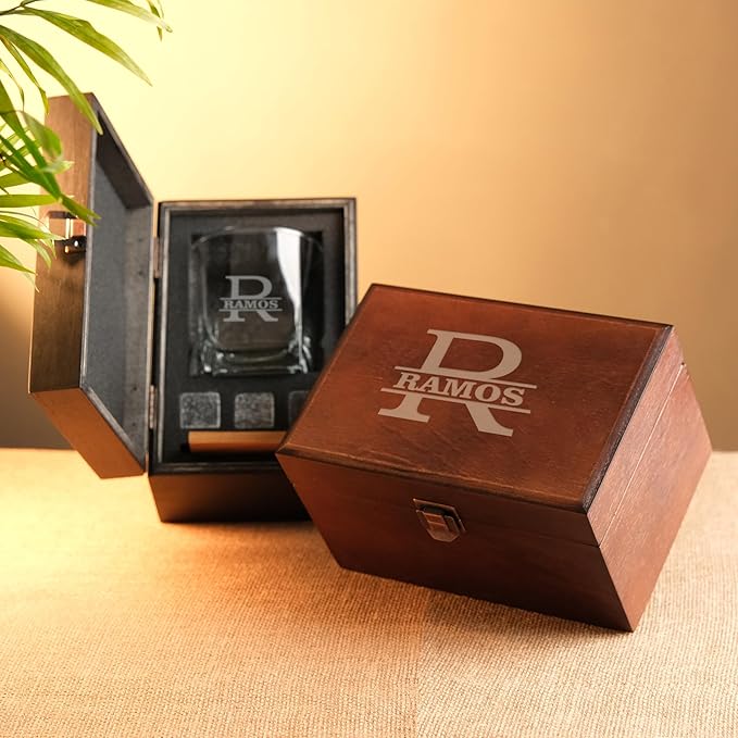 Personalized Whiskey Glasses Set with Custom Whiskey Glasses - Personalized Gifts for Men, Gifts With Engraved Wooden Box and Whiskey Stones