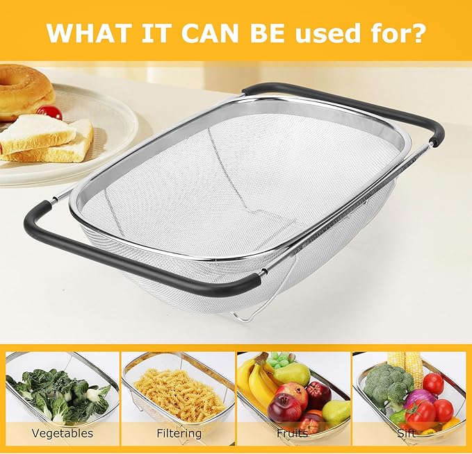 ZDRongZhen Kitchen Accessories Over the Sink Colander Strainer Basket，Stainless Steel Colander with Expandable Rubber Grip Sink Drainer-Rinse Vegetables Fruits &Strain&Drain (Large-Fine mesh)