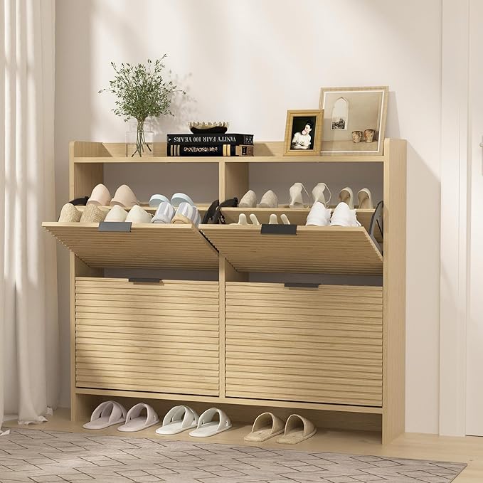 Large Shoe Storage Cabinet with 4 Flip Drawers, Wood Freestanding Shoe Organizer for Entryway Hidden Narrow Shoe Rack Cabinet, Nature Oak
