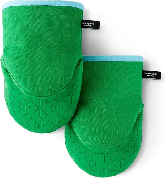 Kate Spade New York Spade Flower Soft Silicone Mini Oven Mitt 2-Pack Set, Heat Resistant, Flexible Non-Slip Silicone Grip, Green/Blue, 5.5"X8"