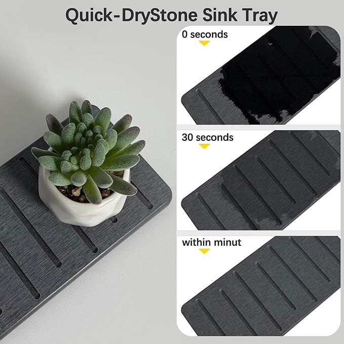 2PCS Water Absorbing Stone Tray for Cosmetics & Hand Soap & Houseplants, 8.7" x 4.3" Ultra-Absorbent Diatomite Coaster | Fast-Drying Bathroom & Kitchen Organizer, Dark Gray
