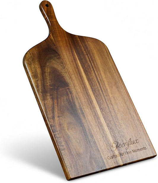 Acacia Wood Charcuterie & Cutting Board with Handle, High-Quality Multi-Purpose Cheese Serving Board with Clear Grain and Warm Natural Color - Ideal for Steak, Appetizers, Snacks & Kitchen Gift Giving