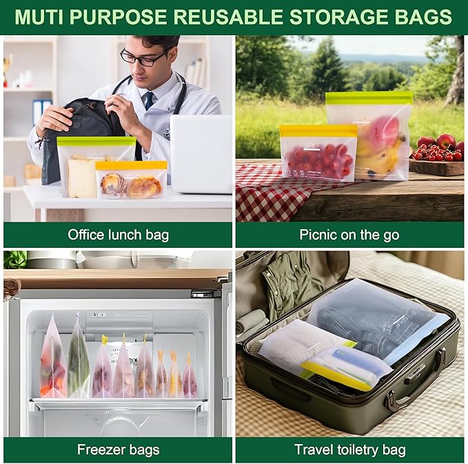 SPLF 8 Pack Stand-Up Reusable Half Gallon Freezer Bags Dishwasher Safe, Extra Thick Leakproof 1/2 Gallon Food Storage Bags, BPA Free Silicone for Meal Prep, Marinate, Veggies, Fridge Organization