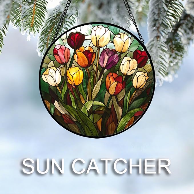 Stained Glass Window Hanging Colorful Tulip Large 11.8" - Flower Suncatcher Door Garden Sun Catcher Home Plant Decor Birthday Mother's Day for Mom Woman Friend Nana Colleague