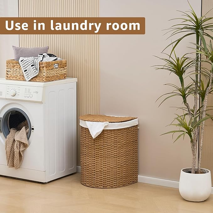 Wicker Half Moon Laundry Basket with Lid and 2 Replaceable Liner Bags, Handwoven Rattan Hamper for Dirty Clothes, Rattan, 90L