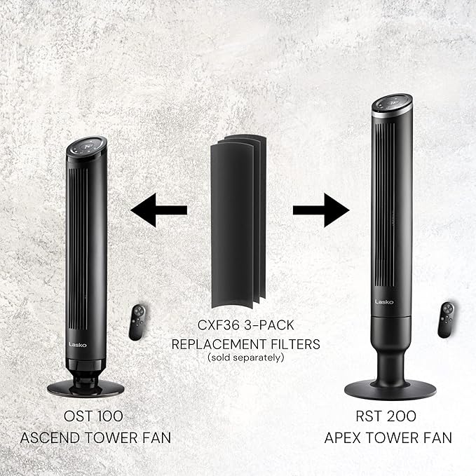 LASKO Ascend Tower Fan with Remote, 36" Floor Fans for Home Bedroom, 29 ft/s Airflow, 90° Oscillation, Air Filter, Black, OST100