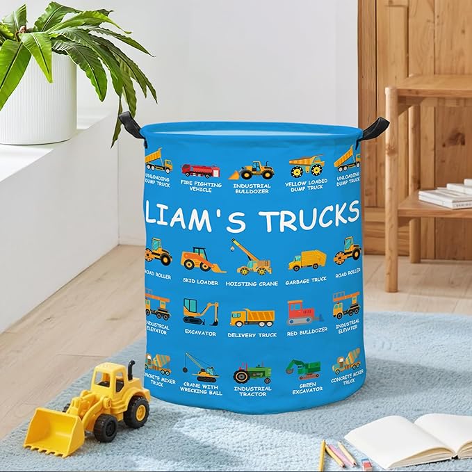 callie Personalized Truck Excavator Laundry Basket for Kids Boys, Waterproof Collapsible Laundry Hamper, Clothes Toys Storage Bin for Bedroom Nursery (13.8" x 16.5", 15.7" x 19.6")