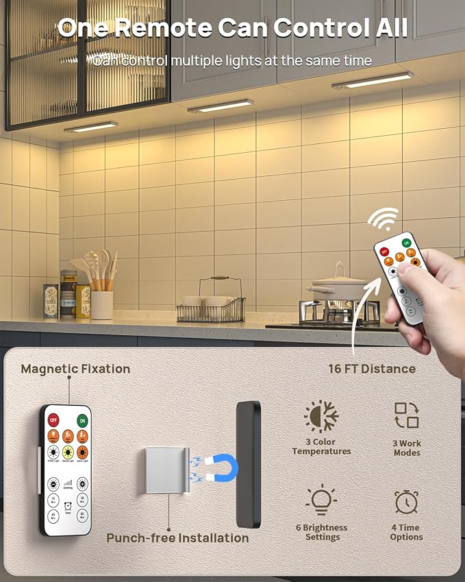 Under Cabinet Lighting Wireless, Rechargeable 180 Lumen Motion Sensor Indoor Light, 3 Color Dimmable Closet Lights with Remote Control, Under Counter Light for Kitchen, Stairs, Wardrobe, 5 Pack