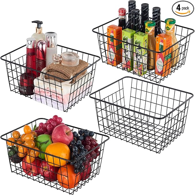 【Extra Large】Wire Kitchen Storage Basket 4 Packs,Perfect Pantry Organization Accessories Baskets,Laundry,Suitable for Countertop, Kitchen, Bedroom, Bathroom,Black