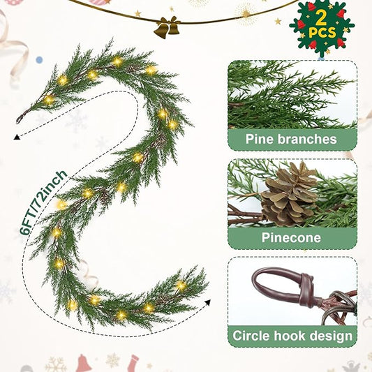 Artgar 2Pcs Christmas Cedar Garland, 6 Ft Realistic Pine Garland, Prelit Christmas Garland with 30 Warm Lights with 8 Light Modes for Mantels Stair Table Indoor Outdoor Winter Xmas Decor (Green 2Pcs)