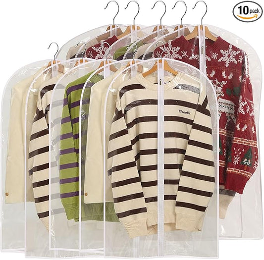 All Clear Garment Bags for Hanging Clothes, 40" Suit Bags for Closet Storage, Plastic Dustproof Suit Cover Bags, Clothes Protectors Bag with zipper for Coats, Jackets, Shirts（10 Packs）