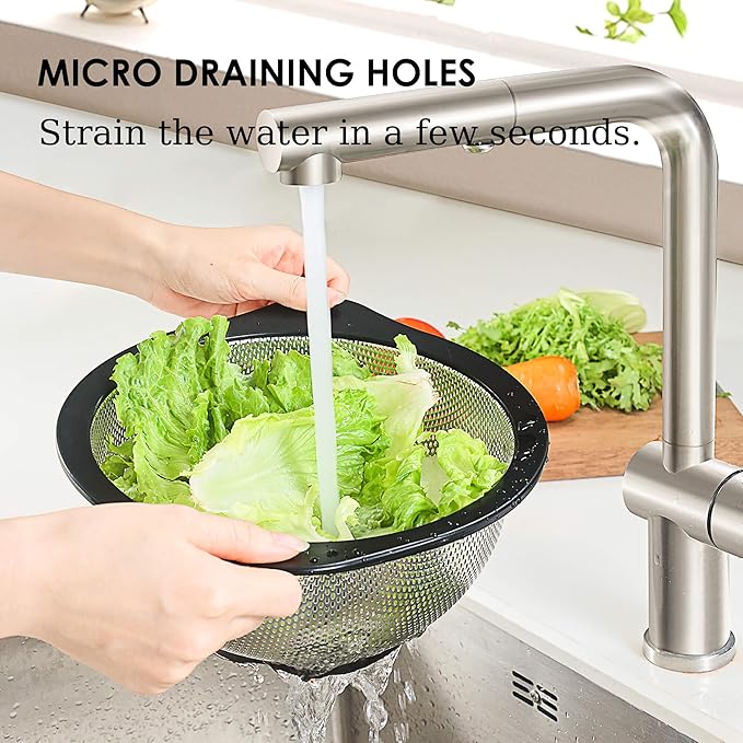 Rorence Stainless Steel Colanders Set for Kitchen - 2.5 and 4.3 Quart Capacities Kitchen Strainer Set of 2 with Black Non-Slip Handles