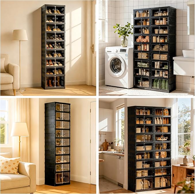 Foldable Shoe Organizer Storage Box Set of 2, Portable Extra Large Folding Shoe Rack for Closet, Shoe Storage Box with Magnetic Transparent Door and Wheels, 9 Layers 18 Grids with 2 Big Grids