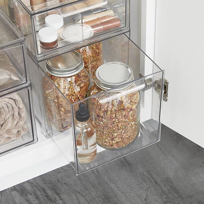 mDesign Plastic Stackable Bathroom Storage with Pull Out Bin Organizer Drawer for Cabinet, Vanity, Shelf, Cupboard, Cabinet, or Closet Organization - Lumiere Collection - 2 Pack - Clear
