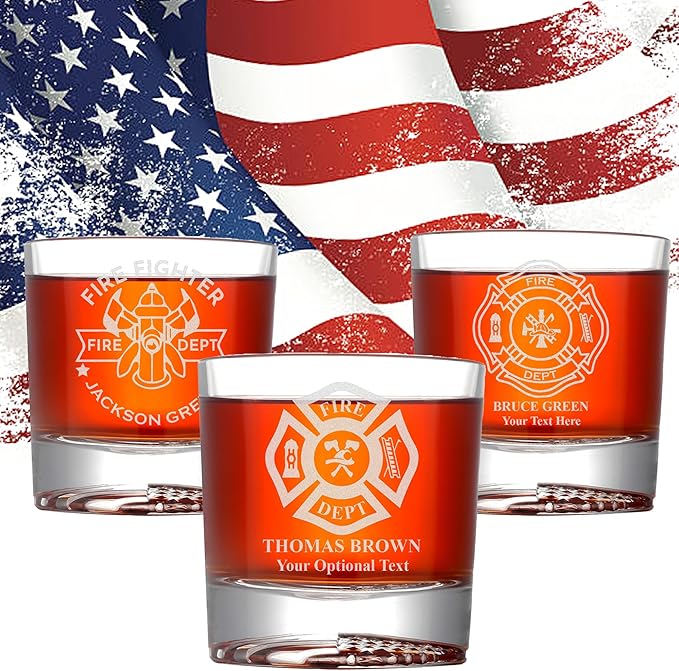 Personalized Firefighter Whiskey Glass, Fathers day gift for dad, Custom Name & Text, Etched Fire Dept Whiskey Glass, 12oz Engraved American Flag Glassware, Fireman Gift, Firefighter Gifts for Men