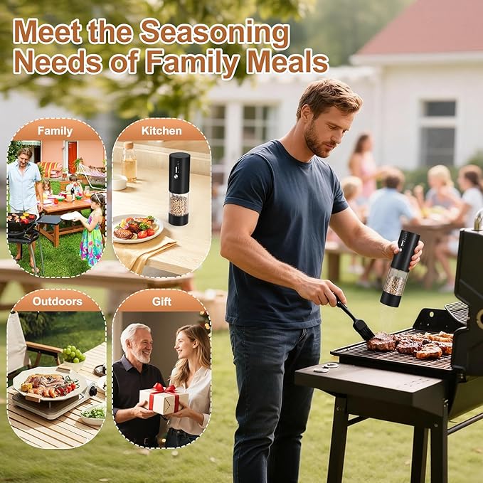 Hxro Electric Salt and Pepper Grinder with 4-Mode Timer, USB-C Rechargeable Pepper Mill with LED Light, Adjustable Coarseness & 120 ML Large Capacity, Perfect for Kitchen, BBQ, Dining Table & Gifts