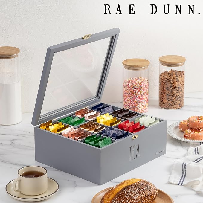 Rae Dunn Tea Bag Organizer - Tea Box Divided Storage Container Box with Hinge Lid for Kitchen Cabinet, Countertop, Pantry, Hold Coffee Pods, Seasoning Packets, Condiments, Grey