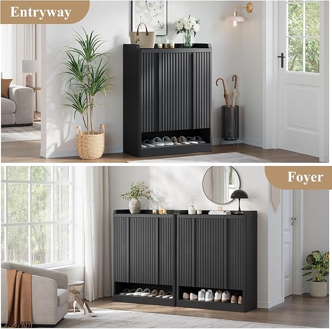 Fluted Shoe Storage Cabinet for Entryway – 45" Tall, 6-Tier Shoe Organizer with 4 Adjustable Shelves, Mid-Century Freestanding Wooden Shoe Rack for Hallway, Living Room, Closet, Black(3PCS)