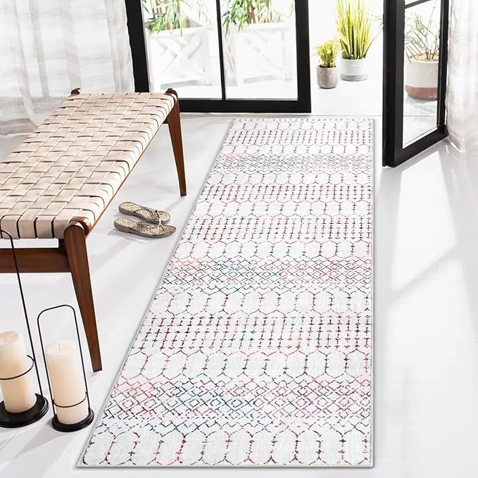 Lahome Moroccan Washable Runner Rug 2x6 - Non-Slip Anti-Fatigue Kitchen Rugs and Runners Throw Soft Long Bathroom Runner, Geometric Print Distressed Floor Runners for Entryway Laundry Room Foyer