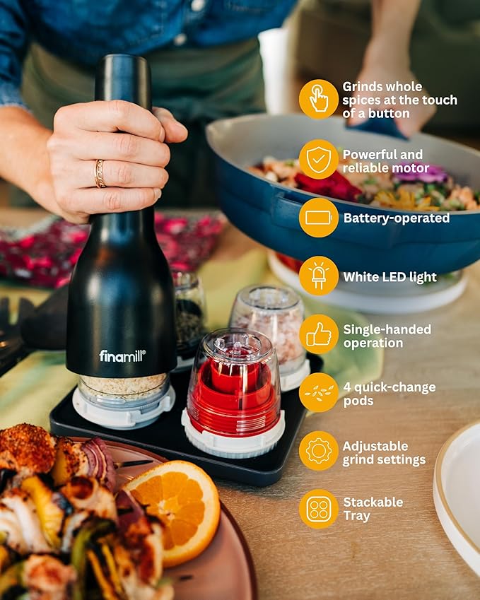 FinaMill Ultimate Gift Set – Battery Operated Spice Mill with 4 Interchangeable Spice Pods & Slate Quartet Stackable Tray, Adjustable Coarseness, Ceramic Grinder, LED Light, Easy One-Handed Operation