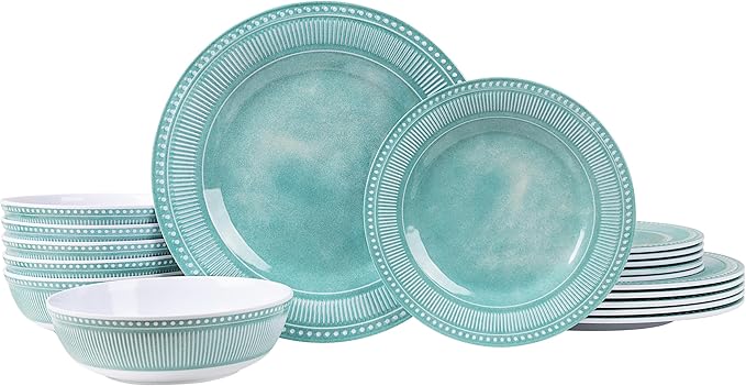 AELS Melamine Dinnerware Set of 18 Pcs, Dinner Dishes Set for Indoor and Outdoor Use, Melamine Plates and Bowls Set for 6, Dishwasher Safe, Lightweight Unbreakable, BPA Free, Green