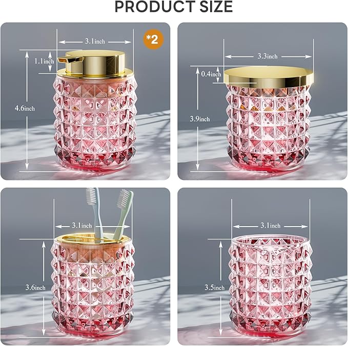 Bathroom Set Pink Bathroom Accessories Set Glass Bathroom Accessories Pink Bathroom Accessory Diamond Soap Dispenser and Toothbrush Holder Sets for Bathroom Decor