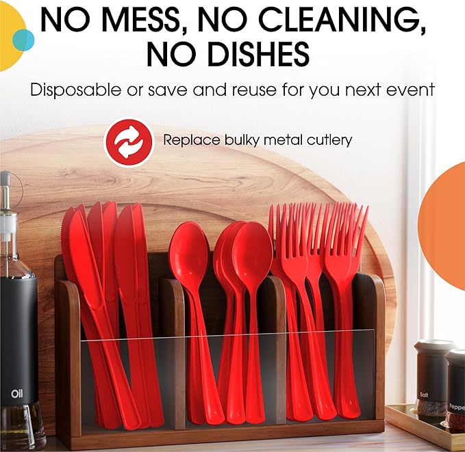 Party Solids Red Plastic Silverware Heavy Duty 150 Pieces Red Disposable Silverware Heavy Duty, Utensil Sets, 50 Of Each Forks, Knives & Spoons Disposable Cutlery Set For Party Supplies
