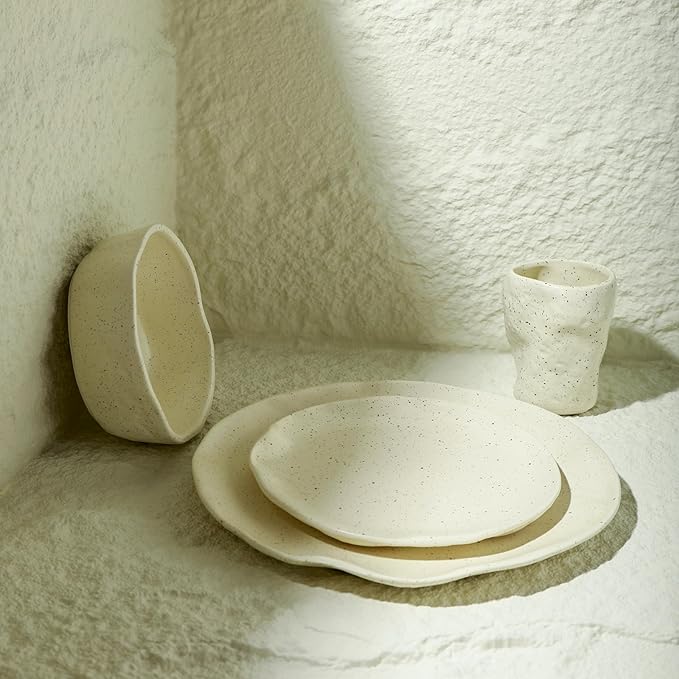 Stone by Mercer Project Atik Modern Stoneware 16-Piece Dinnerware Set, Plate and Bowl Set, Dish set for 4, Cream Speckled